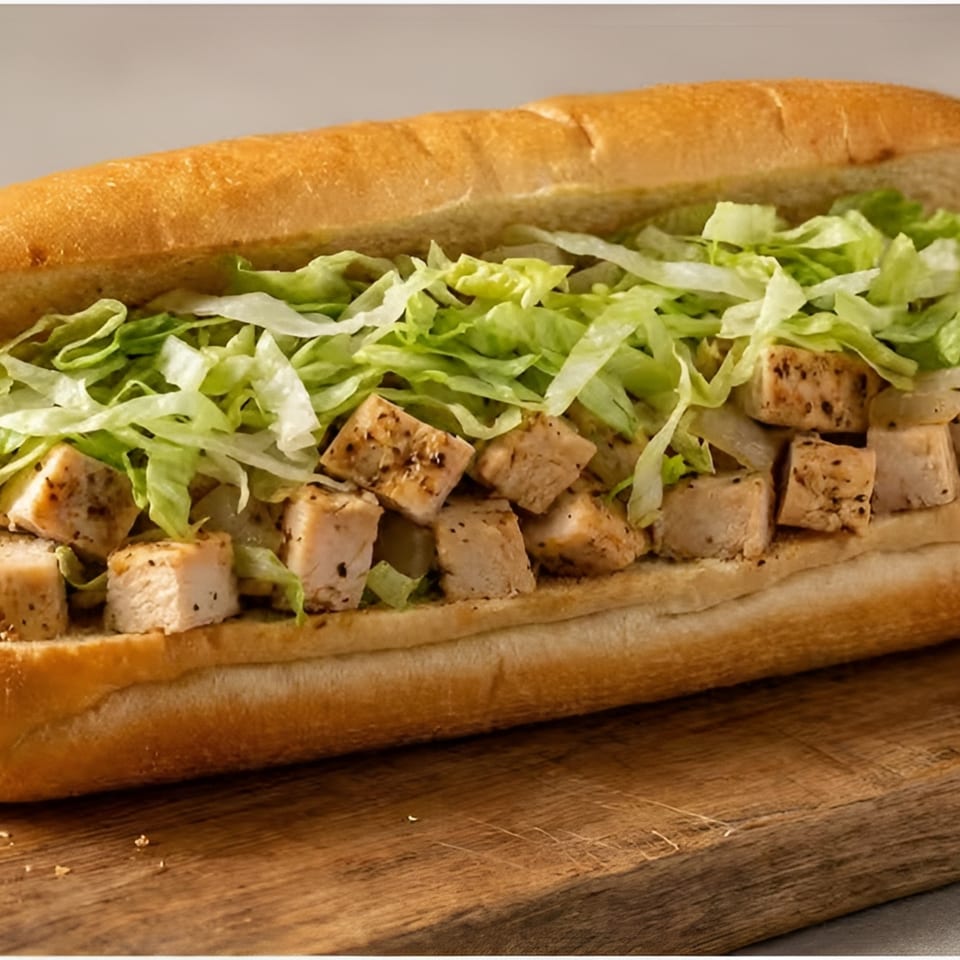 A chicken and lettuce sub sandwich on a wooden cutting board.