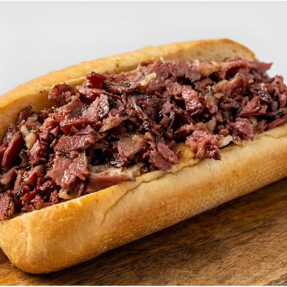 Close-up of a submarine sandwich filled with chopped pastrami and melted cheese on a wooden board.