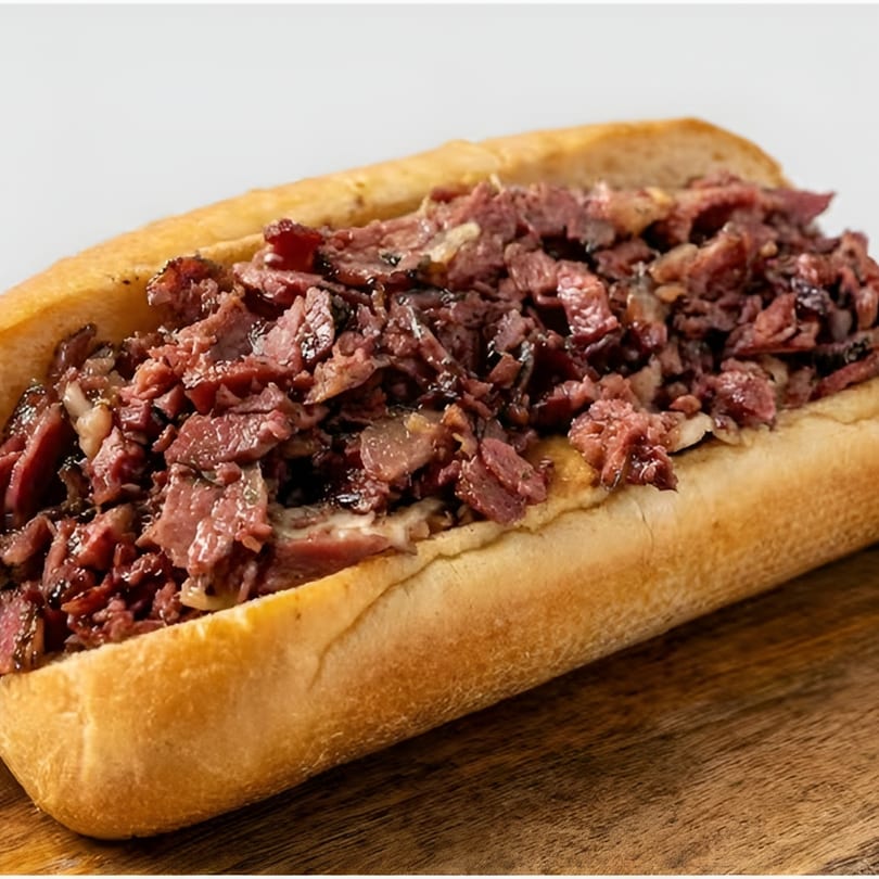 Close-up of a submarine sandwich filled with chopped pastrami and melted cheese on a wooden board.