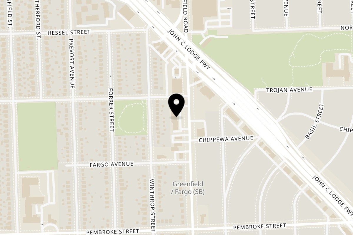 Map showing the location of Mighty Wing Shop on 20131 Greenfield Rd in Detroit